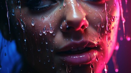 Macro shot of a woman face with rain drops and neon light reflection