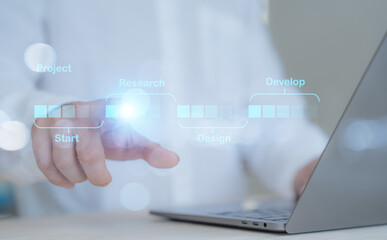 person use document  planning the business plans and analyse  profitability of working companies with digital augmented reality graphics for project manager working on laptop and update business plan