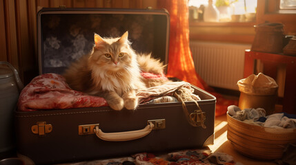 Warm sunny luxury interior, table, clothes, a cute cat smiling in front, cat paws on an open...