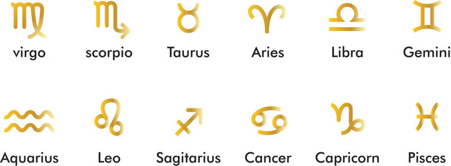 set of zodiac sign gold - obrazy, fototapety, plakaty