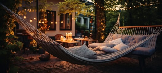 Cozy backyard patio with a hammock and fairy lights, perfect for a summer evening relaxation.