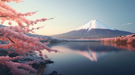 富士山と桜 Mount Fuji and Cherry Blossom Sakura in Japan - obrazy, fototapety, plakaty