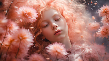 Beautiful Girl Dreaming Among the Flowers, Trendy Peach Fuzz Color