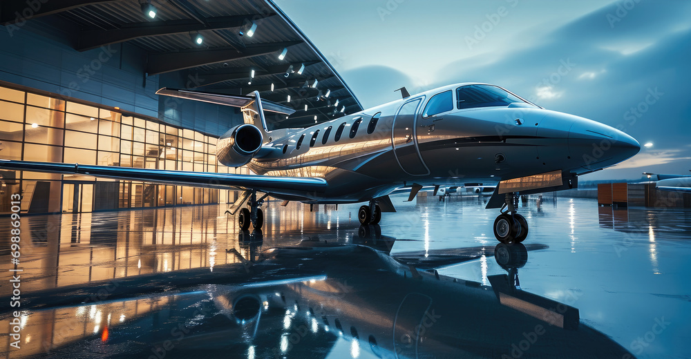Aufkleber a modern hangar with a modern high-tech private jet standing in it. generative ai.