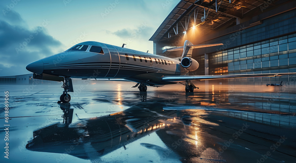 Aufkleber a modern hangar with a modern high-tech private jet standing in it. generative ai.