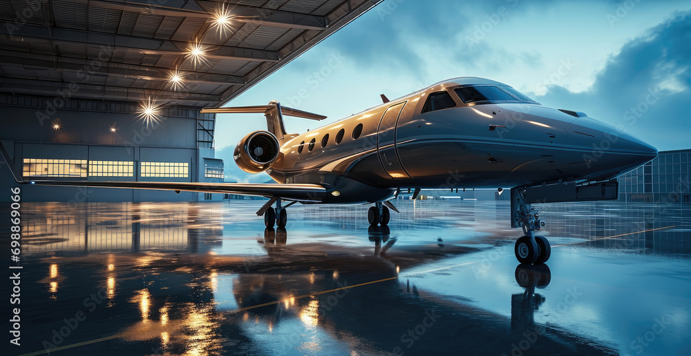 Poster A modern hangar with a modern high-tech private jet standing in it. Generative AI.