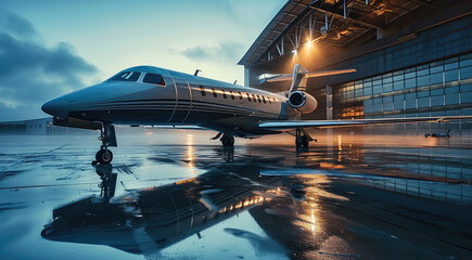 A modern hangar with a modern high-tech private jet standing in it. Generative AI. - Powered by Adobe