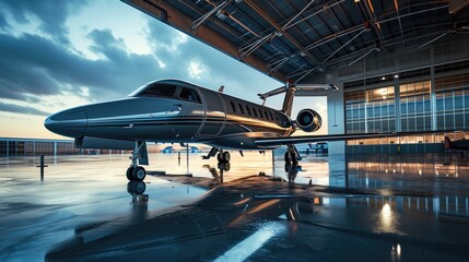 A modern hangar with a modern high-tech private jet standing in it. Generative AI. - obrazy, fototapety, plakaty
