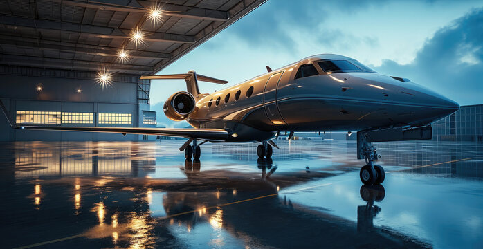 A modern hangar with a modern high-tech private jet standing in it. Generative AI.