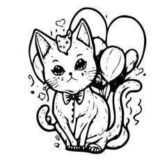 a cute cat, kitty with kitty and love balloon for valentine, black and white svg, generative Ai 134