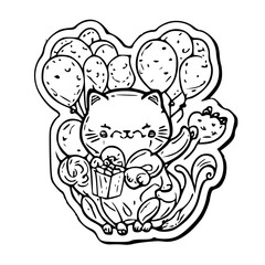 a cute cat, kitty with kitty and love balloon for valentine, black and white svg, generative Ai 134