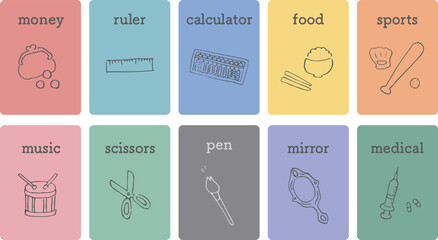 手描き線画の選び取りカード-カラフルセット