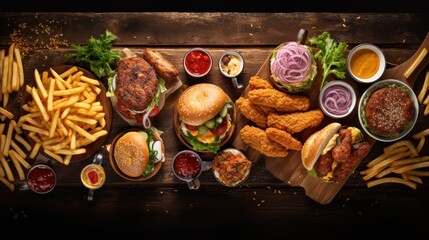Hamburgers, pizza, fried chicken and sides on a dark wood background.