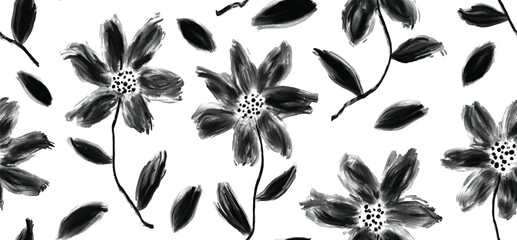 flowers hand drawn seamless pattern. ink brush texture.	