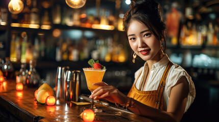 A Chinese female bartender making cocktail in bar. Generative AI.