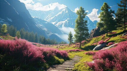 A beautiful mountain valley with natural beauty and landscape and a wooden path with pink flower field and mountains. Generative AI. - obrazy, fototapety, plakaty