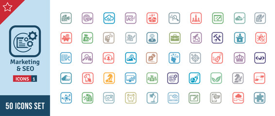 Marketing & SEO Icon Set. Search Engine Optimization, Advertising, Website, Business, Marketing, Traffic, Ranking, Optimization, Keyword & Many More. Square Vector Icons Collection