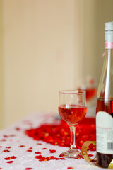 Red velvet cake and wine, engagement romantic dinner, Valentines celebration