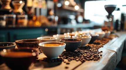 Coffee cupping setup with a variety of coffee samples. Generative AI.