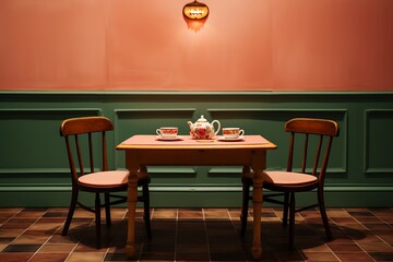 coffee in a mug with vintage cafe as a background