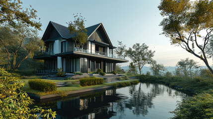 Fototapeta premium A outside view of a Lakeside Minimalist Black farmhouse. Generative AI.