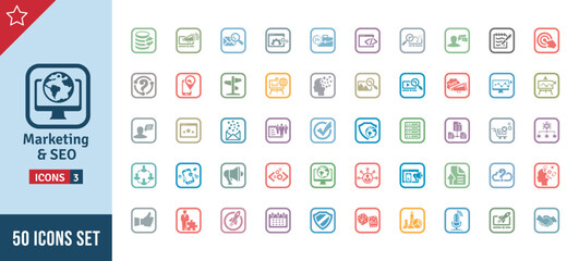 Marketing & SEO Icon Set. Search Engine Optimization, Advertising, Website, Business, Marketing, Traffic, Ranking, Optimization, Keyword & Many More. Square Vector Icons Collection