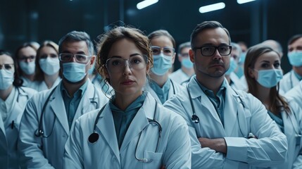 Group of a lot of doctors and enfermers dressed in uniform. Generative AI.