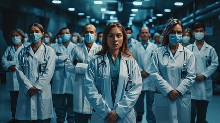 Group of a lot of doctors and enfermers dressed in uniform. Generative AI.