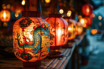 Many Chinese lantern with drawings of happy Chinese dragon on it. Generative AI. - Powered by Adobe