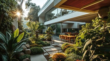 Fototapeta premium Modern house with courtyard garden lush landscaping. Generative AI.