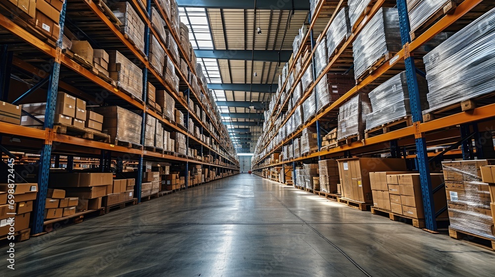 Poster A warehouse with shelves filled with boxes. Generative AI.