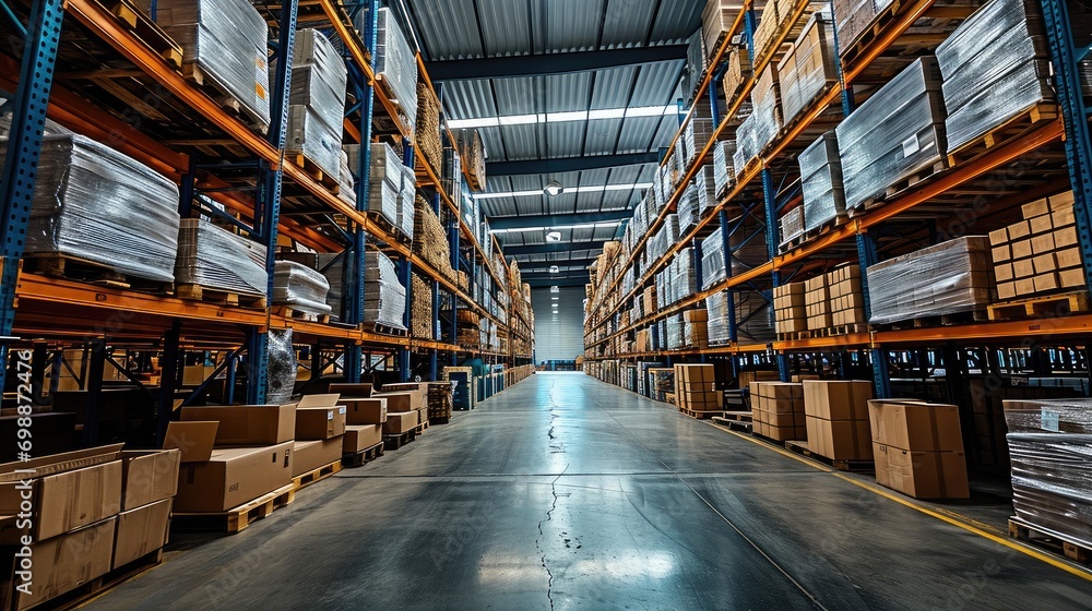 Poster A warehouse with shelves filled with boxes. Generative AI.