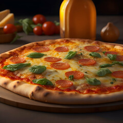 detailed photo of pizza on the wooden table close-up
