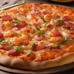 seafood pizza with shrimps on the wooden table close-up
