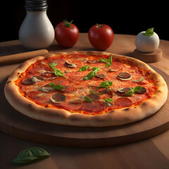 detailed photo of pizza on the wooden table close-up.