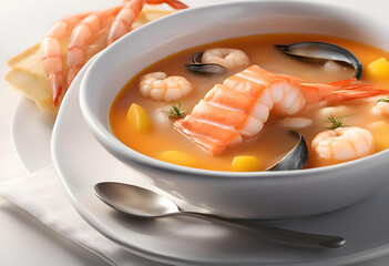the dish Bouillabaisse with salmon fillet, shrimps on the table close-up