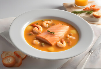 the dish Bouillabaisse with salmon fillet, shrimps on the table close-up