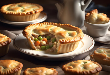 A chicken pot pie on the wooden table close-up.