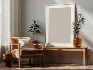 Art Mockup in minimalist interior, background with armchair, modern and cozy decoration, elegant interior and rustic decor, contemporary interior design