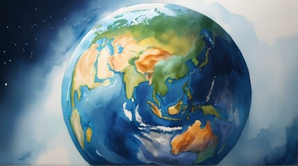 水彩で描かれた美しい地球、白背景｜Beautiful earth painted in watercolor, white background. Generative AI