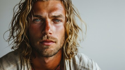 Picture of a handsome blonde surfer styled man with long hair on light background, copy space - obrazy, fototapety, plakaty
