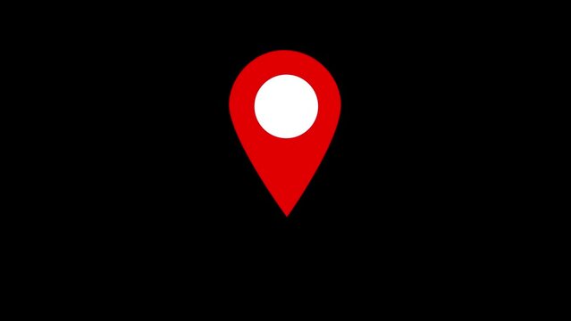 Location map pin pointer on GPS Map tracker animation. Appearing pointer for a map. Looping animation of red map location pin bouncing on black background.