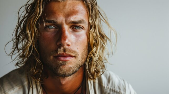 Picture of a handsome blonde surfer styled man with long hair on light background, copy space