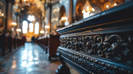 black wooden coffin in church - obrazy, fototapety, plakaty