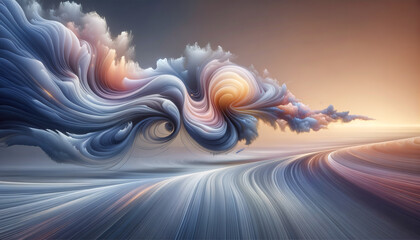Abstract financial technology concept with flowing shapes on a serene background.