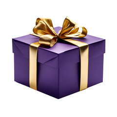 Purple gift box with gold ribbon and bow on transparent background.