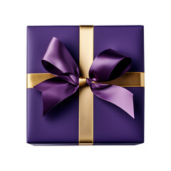 Purple gift box with gold ribbon and bow on transparent background. Top view