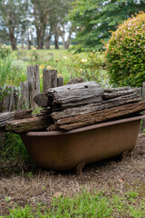 Old metal bath in backyard stacked with wood on it