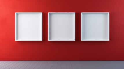 Bold and Bright Frames : Three white picture frames mockup on red background
