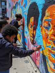 A Community Mural Painting Event With People Of All Ages Contributing To A Piece Celebrating Black History - obrazy, fototapety, plakaty